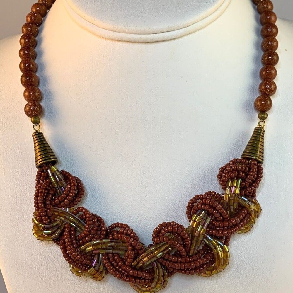 Bronze Seed Bead, Hex Bead And Glitter Bronze Bead Necklace (NA127)